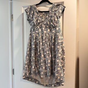 Anthropologie Blue and White V-Neck Sundress with Flutter Sleeves